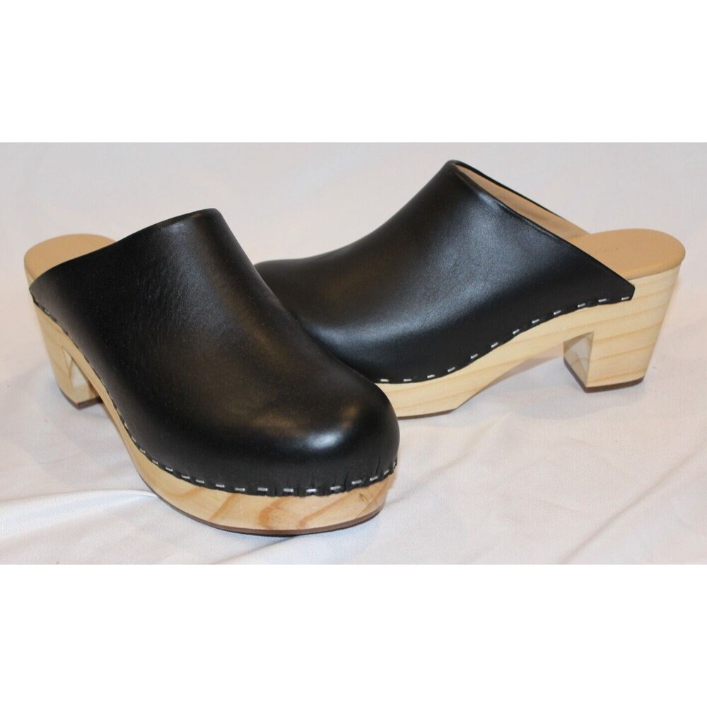 Nisolo Leather‎ Closed Toe Slip On Wooden All Day Mule Heeled Clogs BLACK - Picture 2 of 6